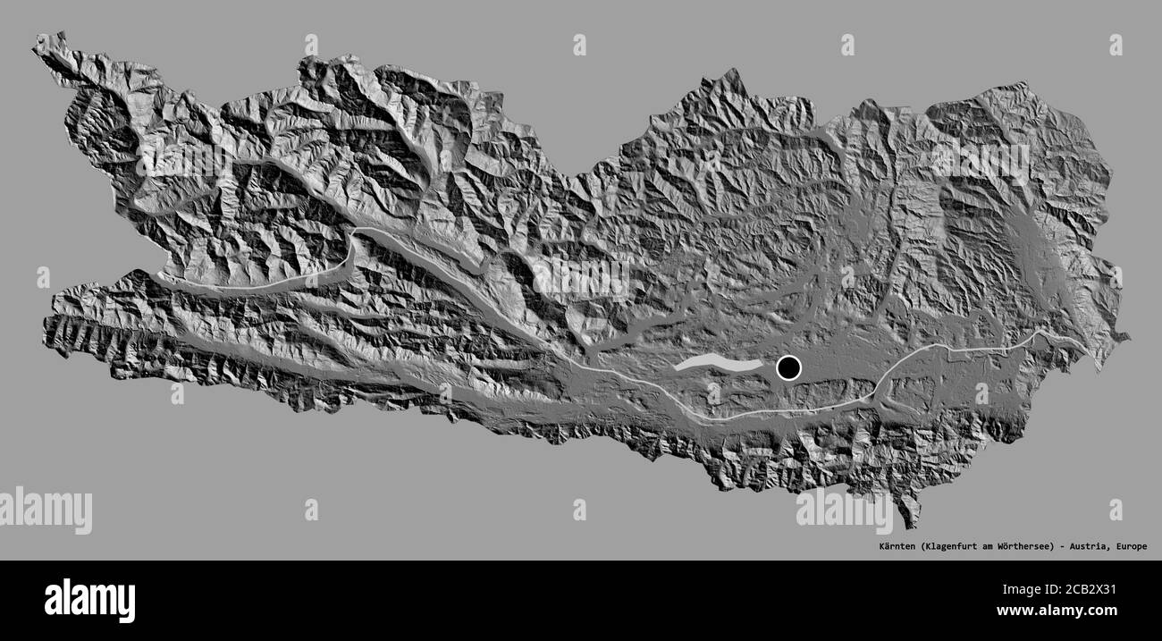 Forma di Kärnten, stato dell'Austria, con la sua capitale isolata su uno sfondo a tinta unita. Mappa elevazione bilivello. Rendering 3D Foto Stock