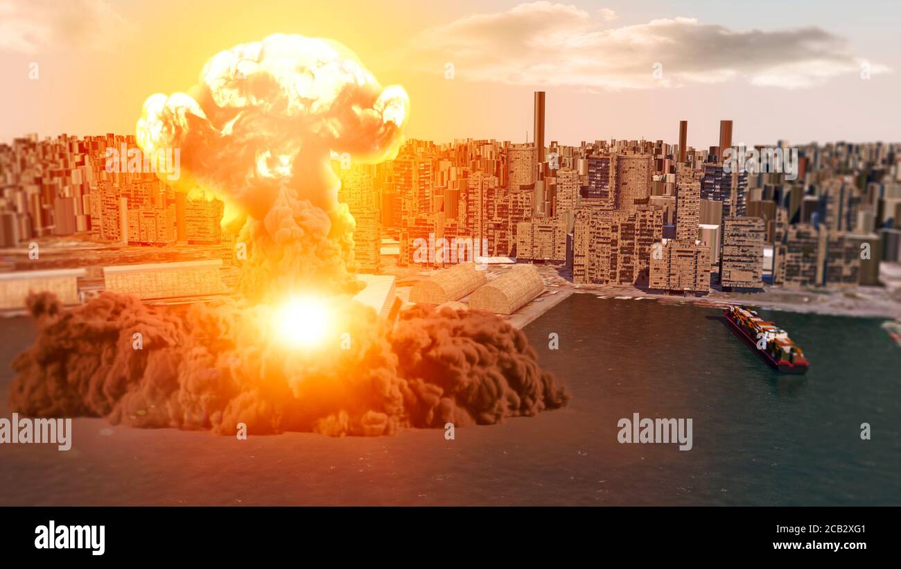 Vista aerea durante l'esplosione nella zona portuale di Beirut, Libano. Nitrato di ammonio immagazzinato nel porto. rendering 3d. Strade ed edifici Foto Stock