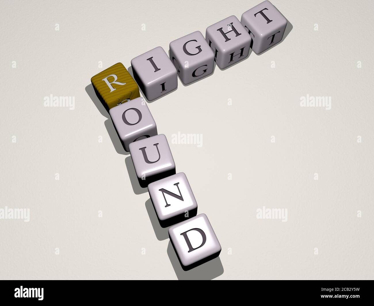 CROSSWORD ROTONDO DESTRO da lettere cubiche dei dadi. Illustrazione 3D. Sfondo e icona Foto Stock