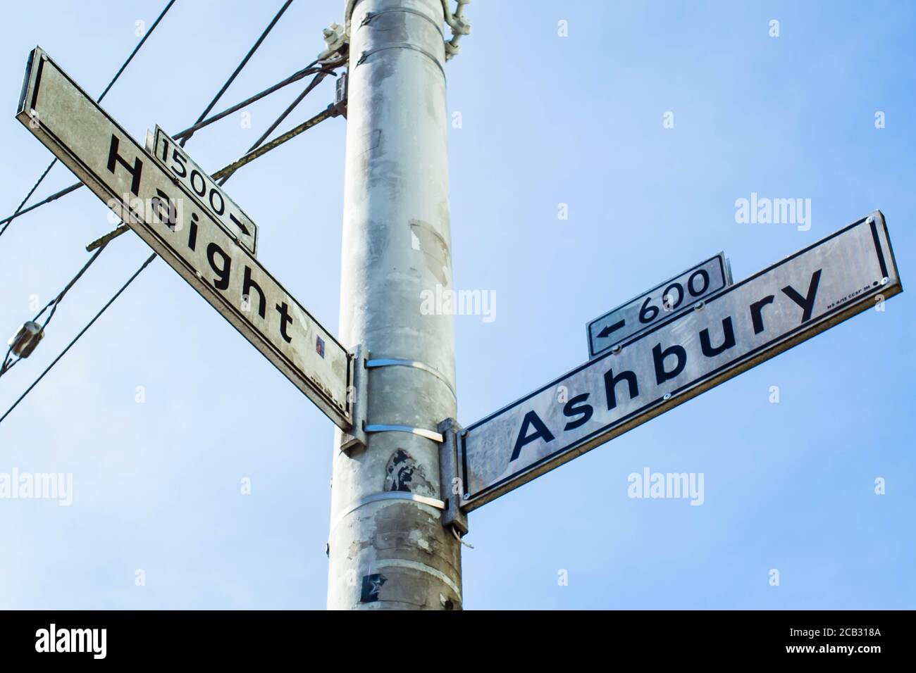 Haight e Ashbury Street indicano la famosa Haight di San Francisco Quartiere di Ashbury Foto Stock