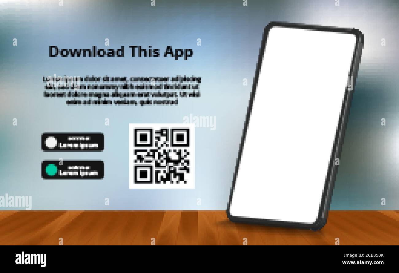 Banner della landing page per scaricare app per telefono cellulare,  smartphone 3D con pavimento in legno e sfondo bokeh sfocato. Pulsanti di  download con s Immagine e Vettoriale - Alamy