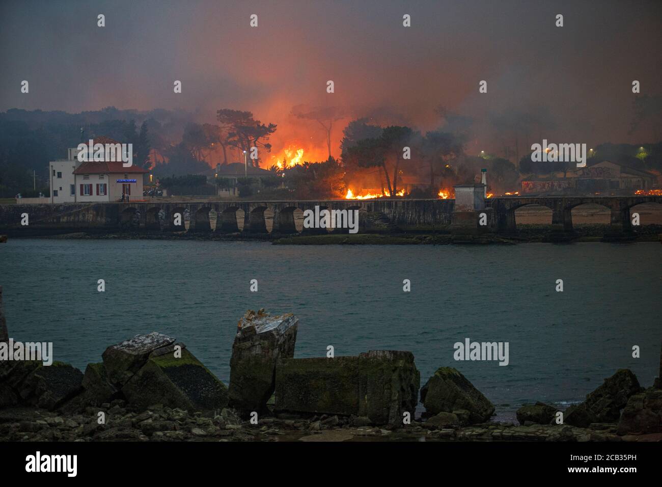 Arson foresta di Chiberta il 2020 luglio 30. L'arson ha devastato 165 ettari di foresta e bruciato 11 case nel cuore di Anglet. Wildfire. Blaze. Foto Stock