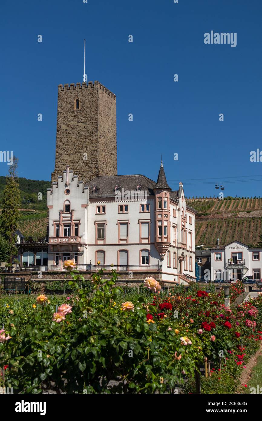 Boosenburg, torre del castello con villa a Rüdesheim am Rhein, città vinicola in Assia, Germania Foto Stock