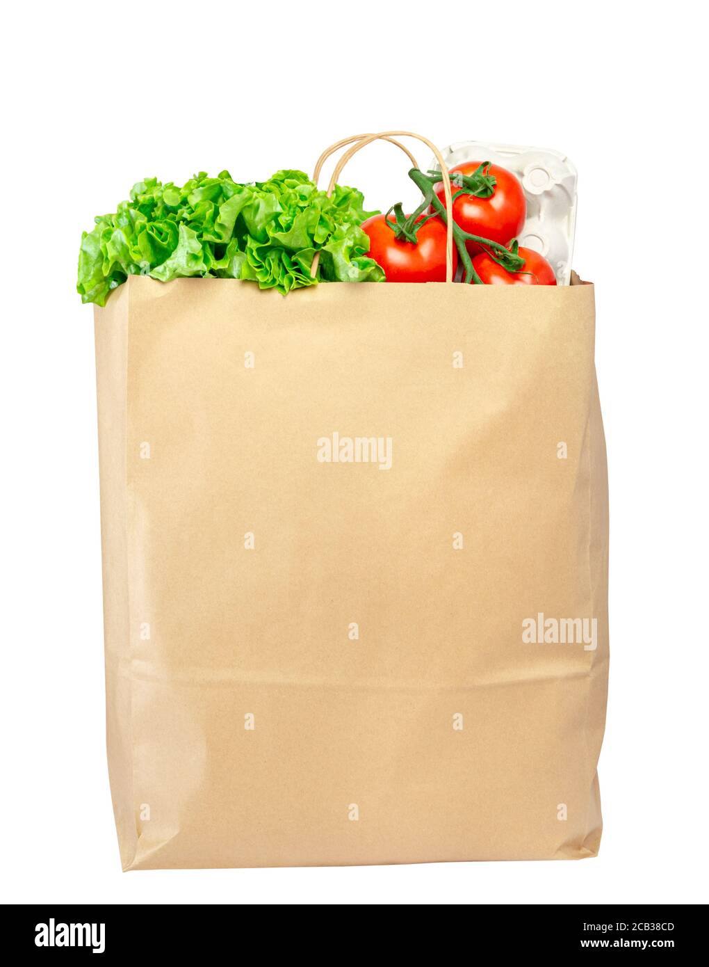 Sacchetto di carta con lattuga, pomodoro e spaghetti isolato su bianco. Foto Stock