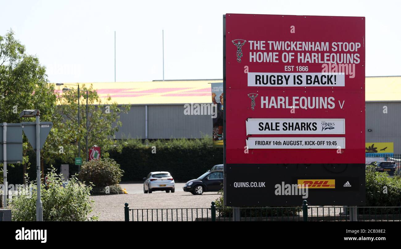 Londra, Regno Unito. 10 agosto 2020 il Twickenham Stoop, casa di Harlequins RFC, si prepara ad ospitare sale Sharks il 14/08/2020, nella prima premiership Rugby appuntamento da disputare dopo il blocco a causa della pandemia di Covid-19. Andrew Fosker / Alamy Live News Foto Stock