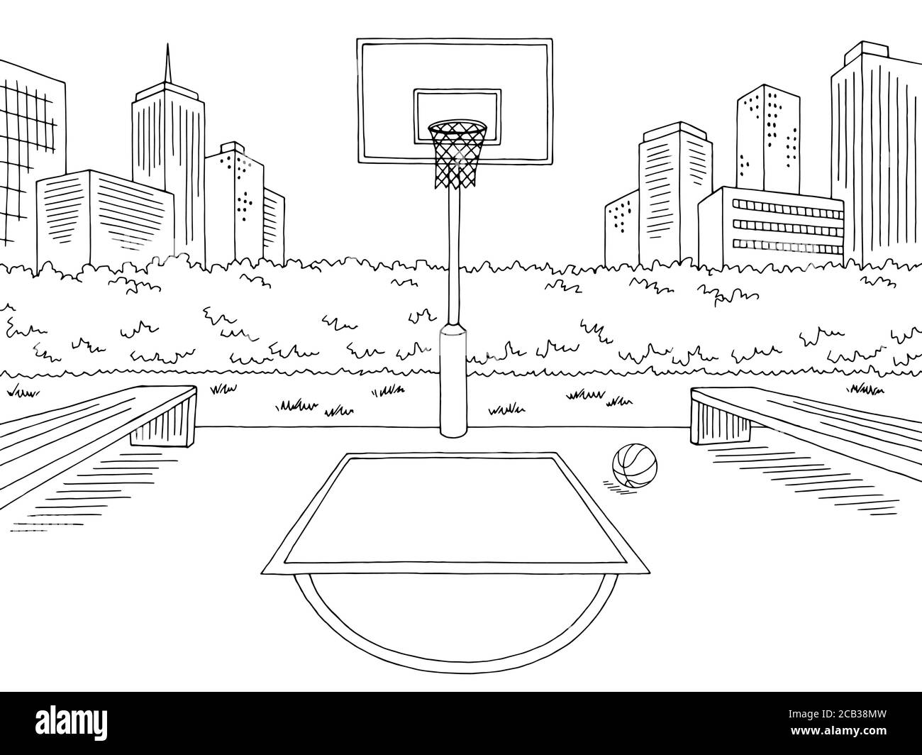 Basket campo di strada sport grafico nero bianco città paesaggio schizzo vettore di illustrazione Illustrazione Vettoriale