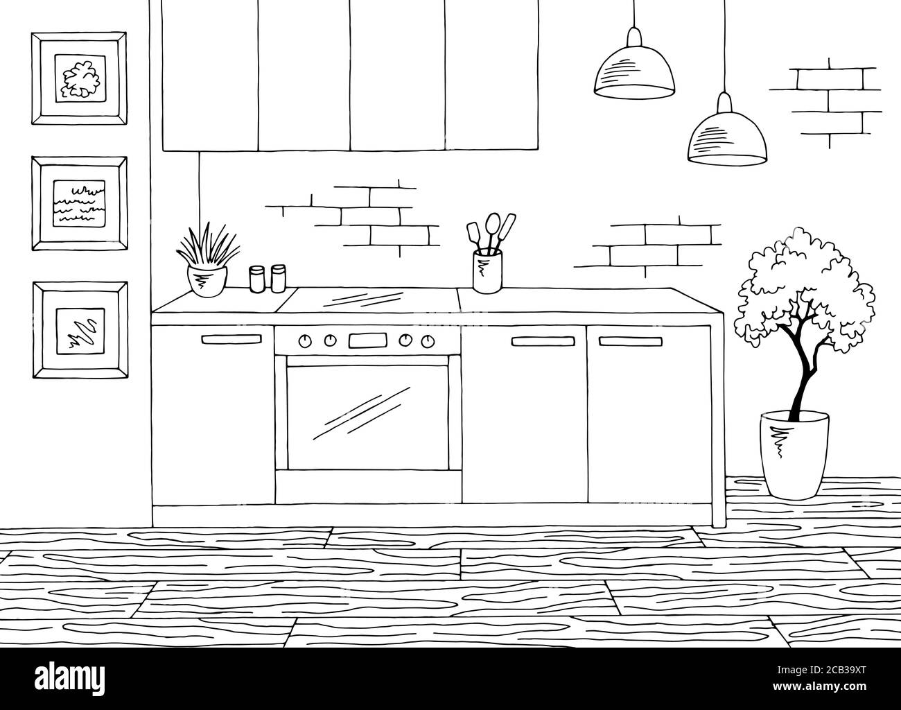 Grafica per cucina camera nero bianco home disegno interno vettore illustrazione Illustrazione Vettoriale