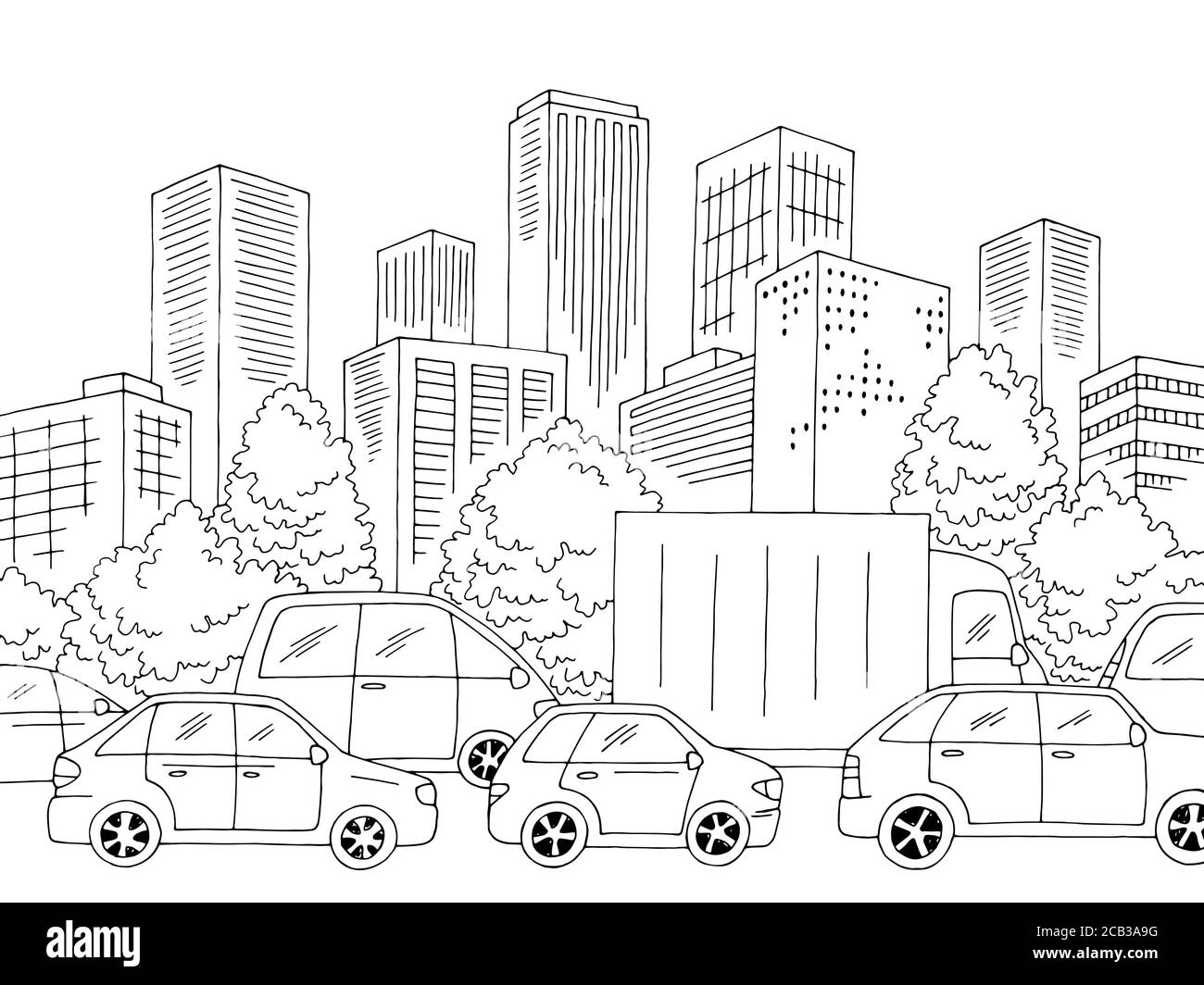 Ingorgo traffico strada grafica nero bianco città paesaggio disegno vettore Illustrazione Vettoriale