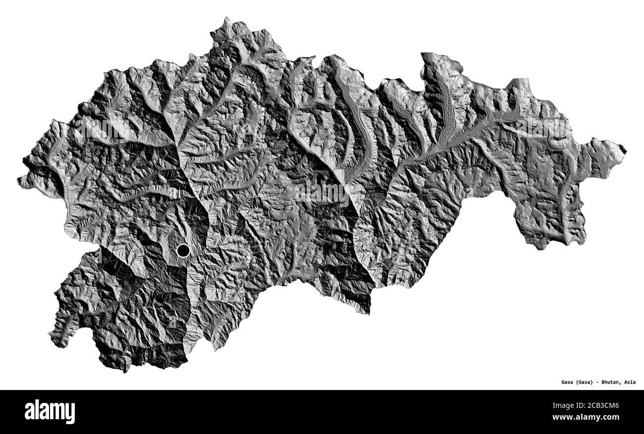 Forma di Gasa, distretto di Bhutan, con la sua capitale isolata su sfondo bianco. Mappa elevazione bilivello. Rendering 3D Foto Stock