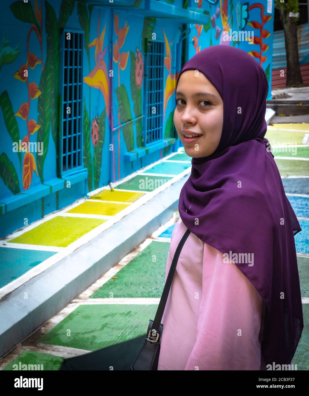 Kuala Lumpur/Malesia, Ritratto di giovane bella ragazza musulmana che indossa un copricapo viola e un abito rosa a Jalan Alor, Malesia Foto Stock