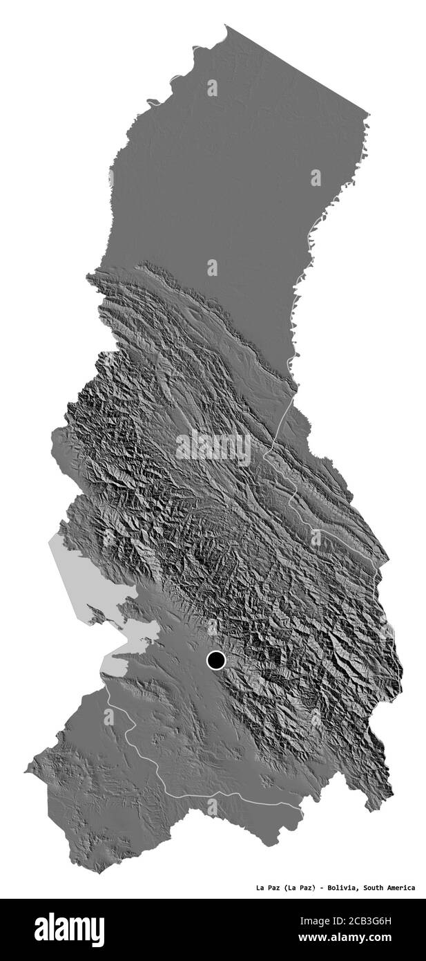 Forma di la Paz, dipartimento della Bolivia, con la sua capitale isolata su sfondo bianco. Mappa elevazione bilivello. Rendering 3D Foto Stock