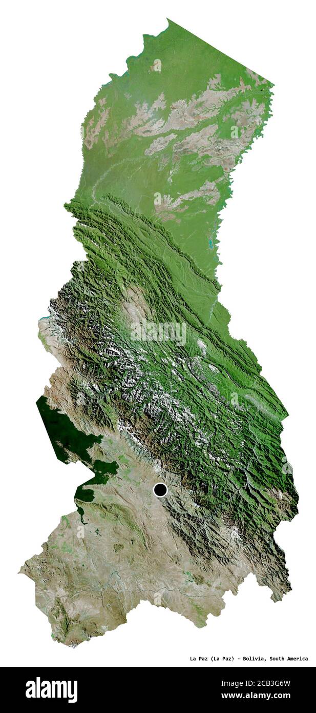 Forma di la Paz, dipartimento della Bolivia, con la sua capitale isolata su sfondo bianco. Immagini satellitari. Rendering 3D Foto Stock