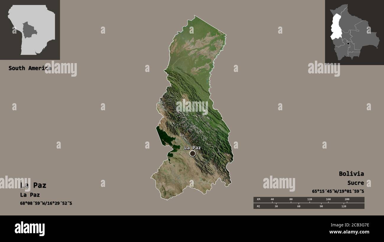 Forma di la Paz, dipartimento della Bolivia, e la sua capitale. Scala della distanza, anteprime ed etichette. Immagini satellitari. Rendering 3D Foto Stock