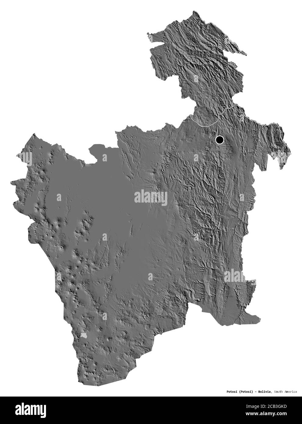 Forma di Potosí, dipartimento della Bolivia, con la sua capitale isolata su sfondo bianco. Mappa elevazione bilivello. Rendering 3D Foto Stock