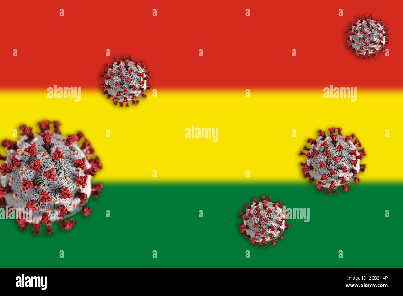 Concetto di Coronavirus o di particelle di Covid-19 focolaio offuscato bandiera offuscata della Bolivia in background. Foto Stock