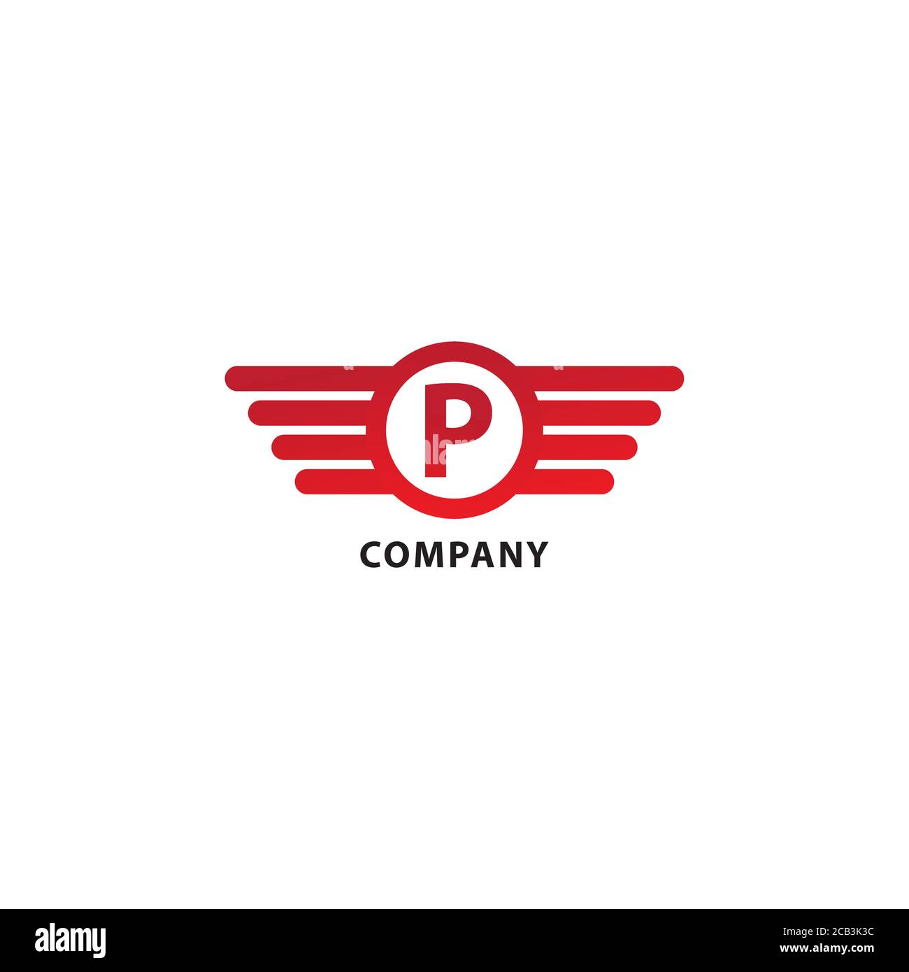 Lettera P modello iniziale di progettazione del logo Abjad isolato su sfondo bianco. Ali arrotondate, forma a ellisse e logo Alfabeto. Tema colore rosso. Illustrazione Vettoriale