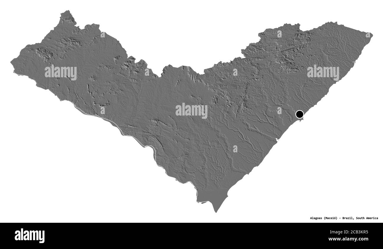 Forma di Alagoas, stato del Brasile, con la sua capitale isolata su sfondo bianco. Mappa elevazione bilivello. Rendering 3D Foto Stock