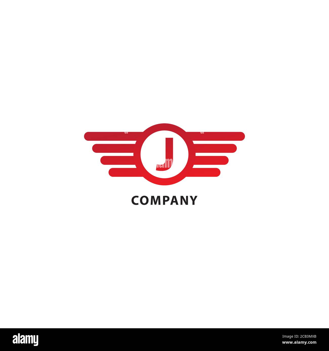 Lettera J modello iniziale di progettazione del logo Abjad. Ali arrotondate, forma a ellisse e logo Alfabeto. Tema colore rosso. Isolato su sfondo bianco. Illustrazione Vettoriale