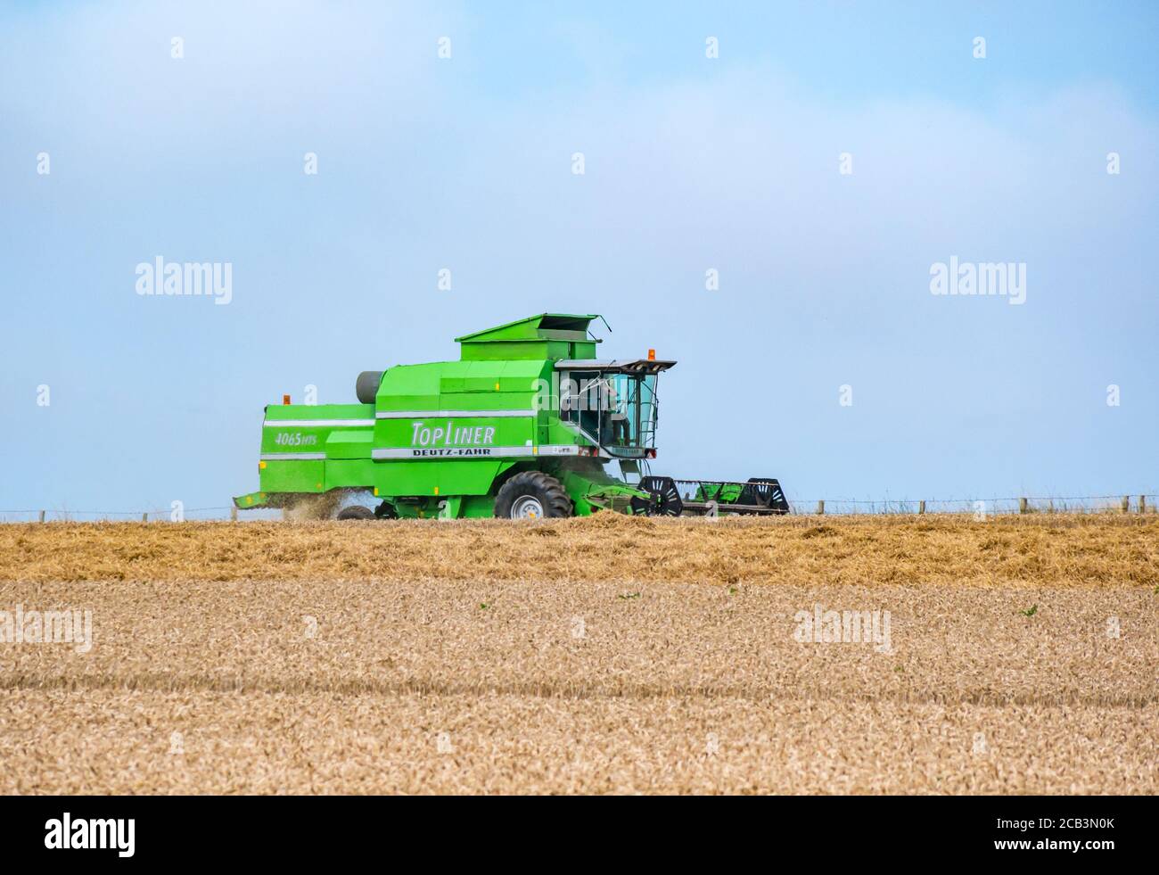 East Lothian, Scozia, Regno Unito, 10 agosto 2020. Tempo nel Regno Unito: Un campo di grano viene raccolto da una mietitrebbia Deutz-Fahr a Mungoswells in estate Foto Stock