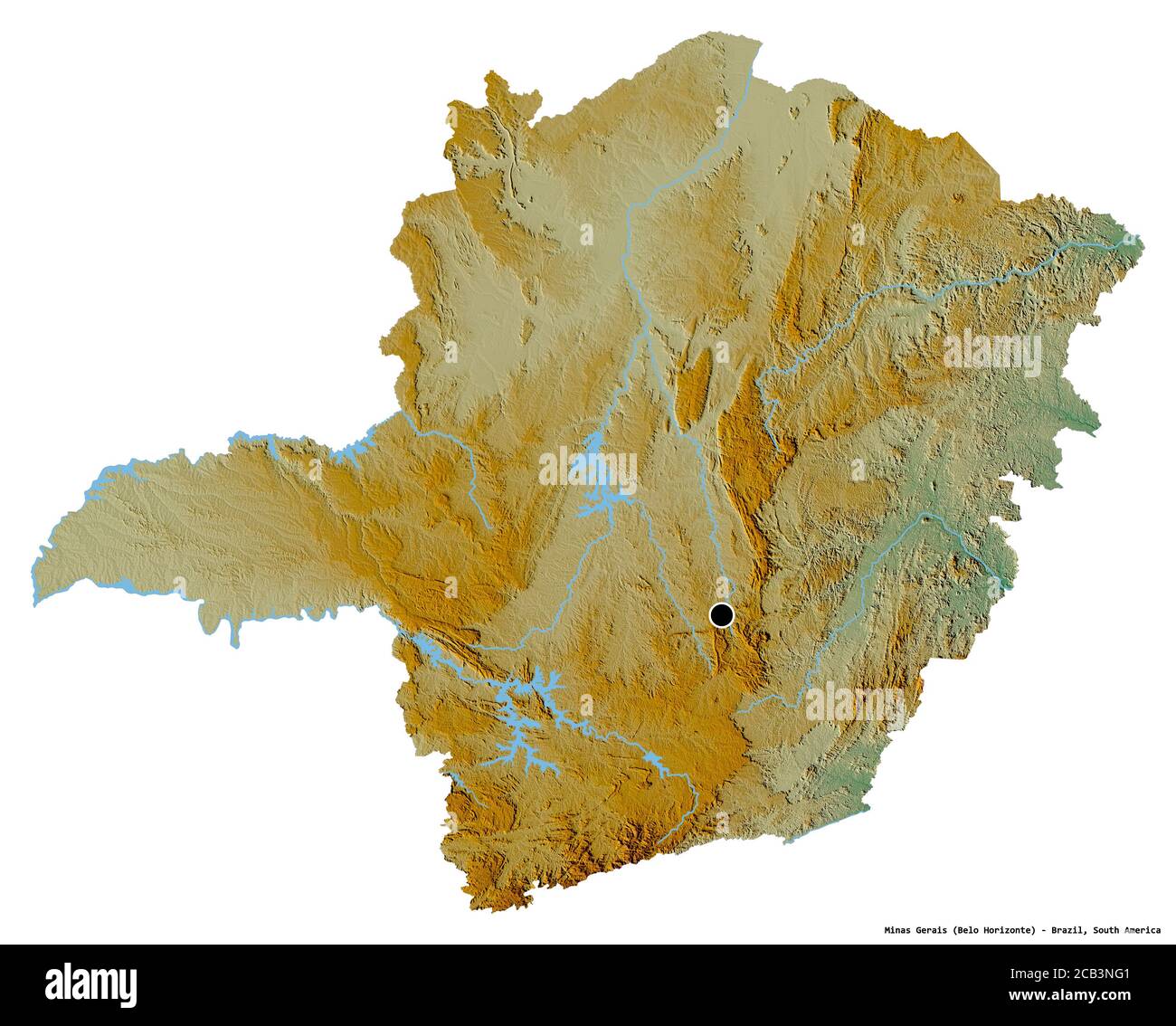 Forma di Minas Gerais, stato del Brasile, con la sua capitale isolata su sfondo bianco. Mappa di rilievo topografico. Rendering 3D Foto Stock
