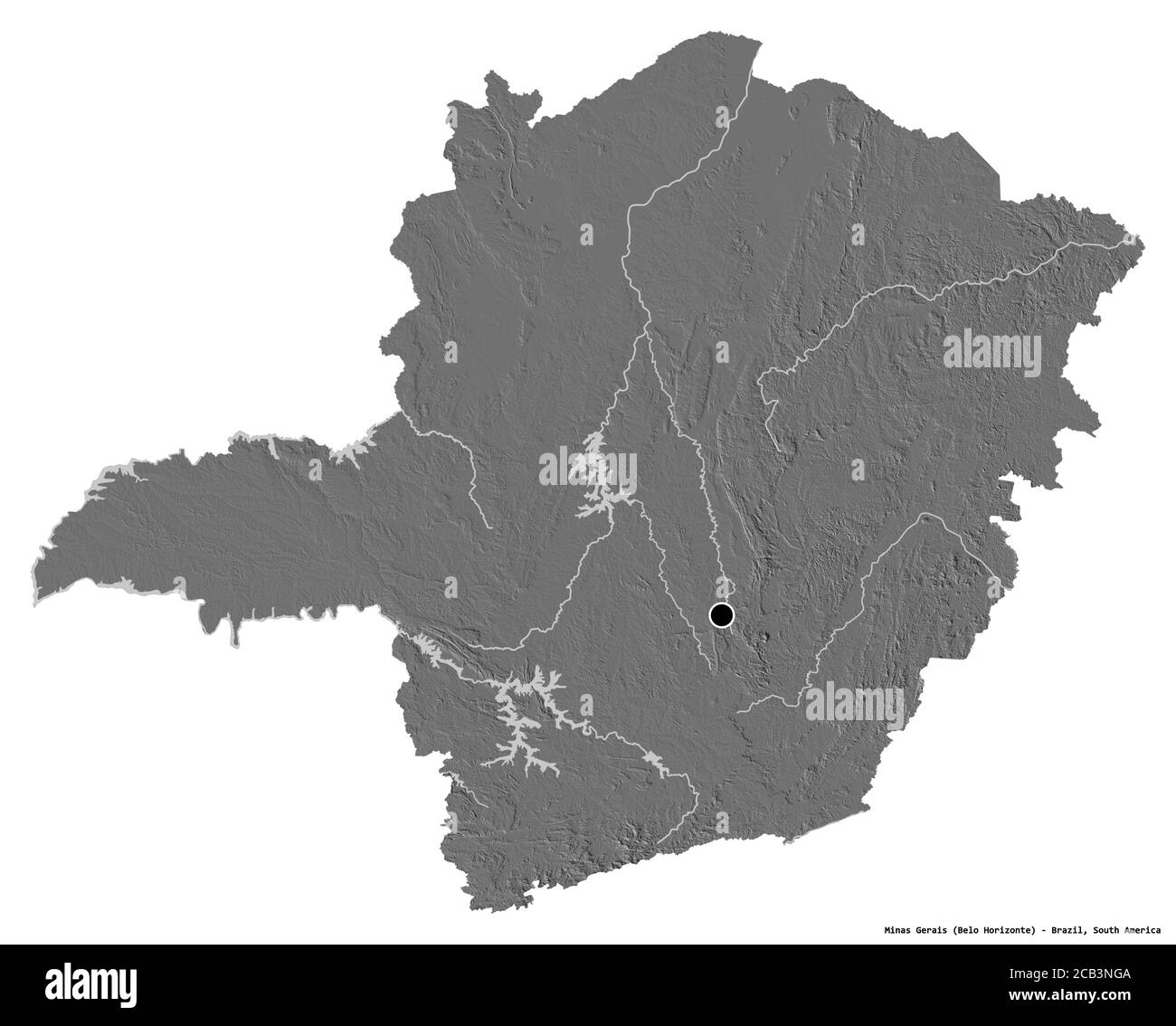 Forma di Minas Gerais, stato del Brasile, con la sua capitale isolata su sfondo bianco. Mappa elevazione bilivello. Rendering 3D Foto Stock