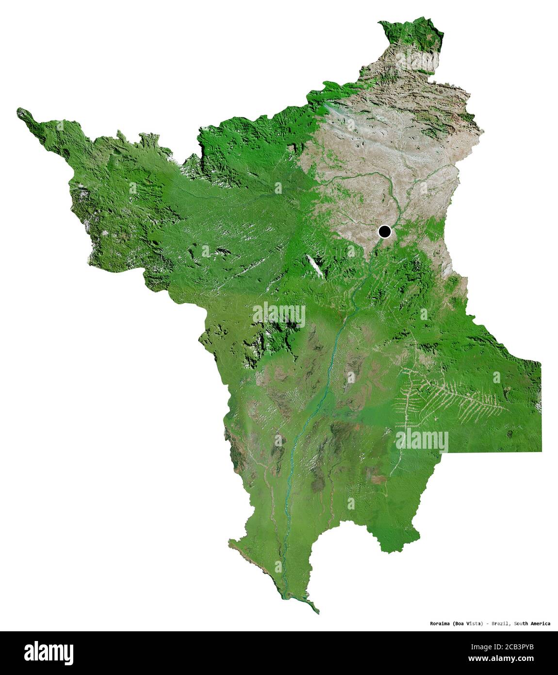 Forma di Roraima, stato del Brasile, con la sua capitale isolata su sfondo bianco. Immagini satellitari. Rendering 3D Foto Stock