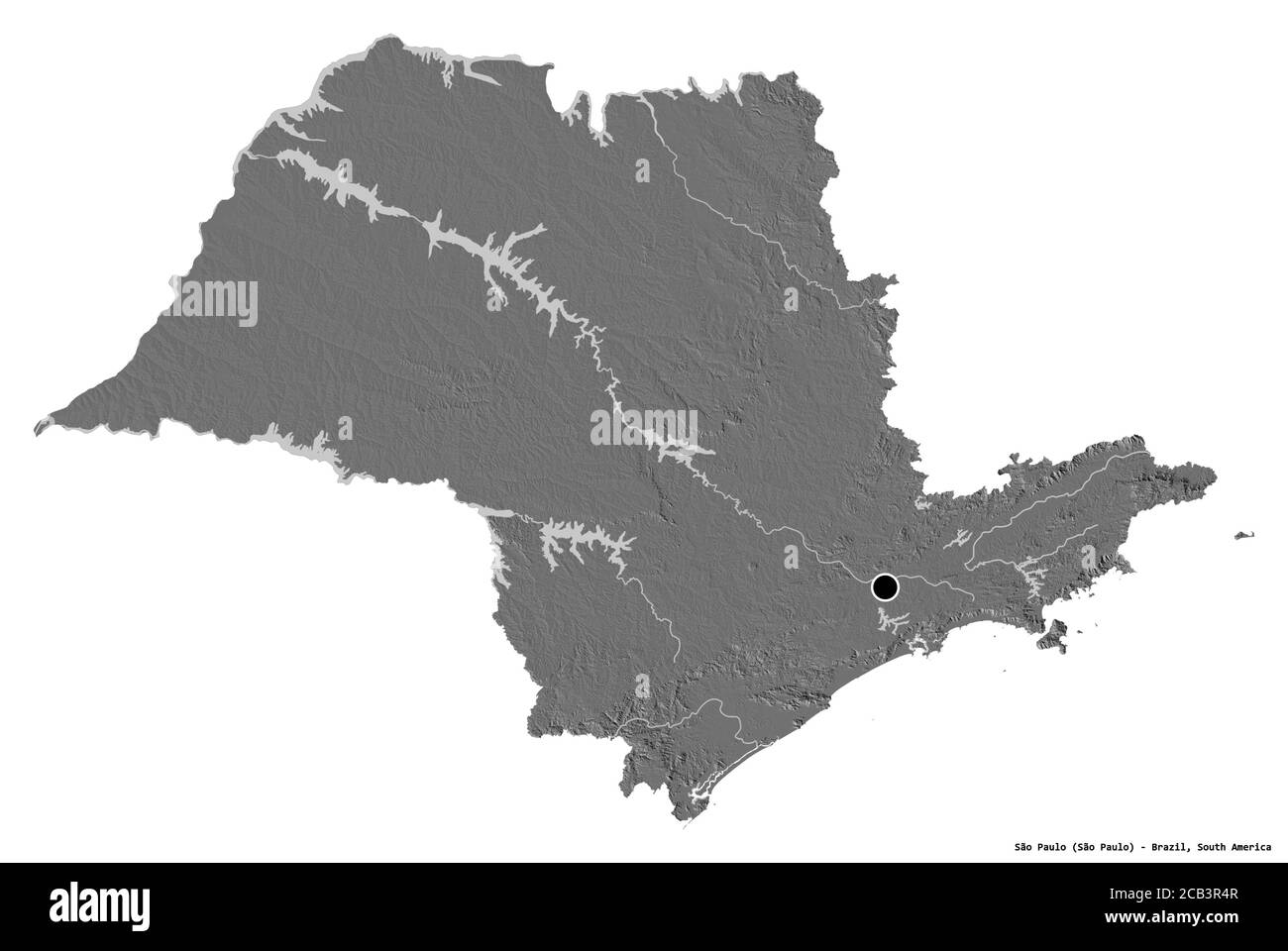 Forma di São Paolo, stato del Brasile, con la sua capitale isolata su sfondo bianco. Mappa elevazione bilivello. Rendering 3D Foto Stock