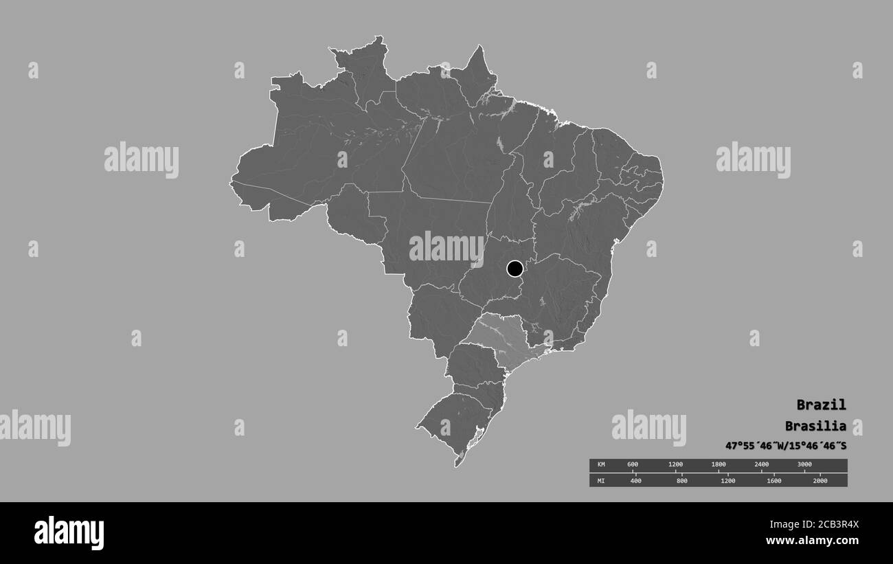Forma desaturata del Brasile con la sua capitale, la principale divisione regionale e la separata area di São Paulo. Etichette. Mappa elevazione bilivello. Rendering 3D Foto Stock