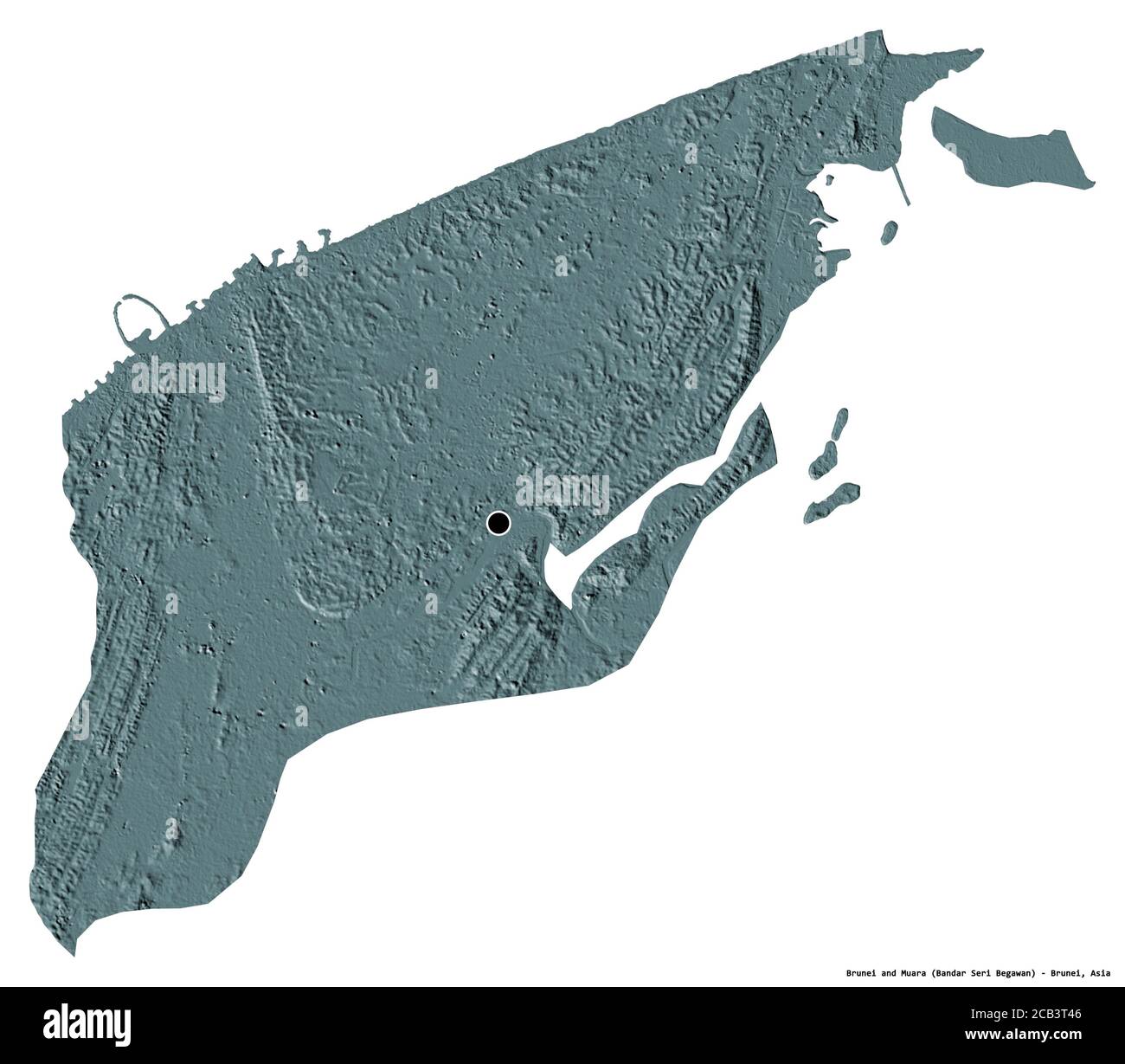 Forma di Brunei e Muara, distretto di Brunei, con la sua capitale isolata su sfondo bianco. Mappa di elevazione colorata. Rendering 3D Foto Stock