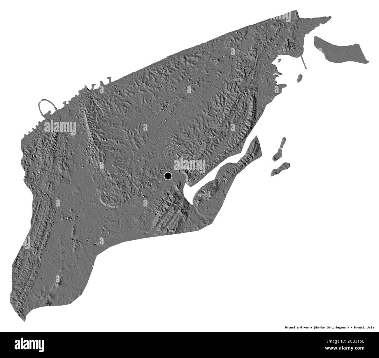 Forma di Brunei e Muara, distretto di Brunei, con la sua capitale isolata su sfondo bianco. Mappa elevazione bilivello. Rendering 3D Foto Stock