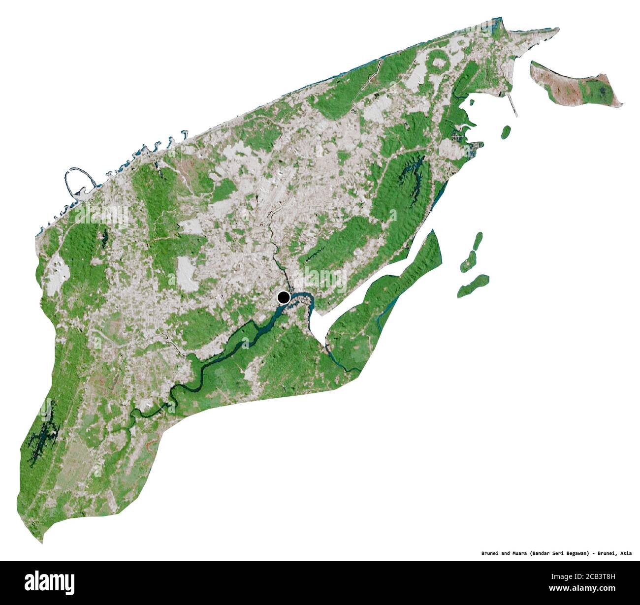 Forma di Brunei e Muara, distretto di Brunei, con la sua capitale isolata su sfondo bianco. Immagini satellitari. Rendering 3D Foto Stock