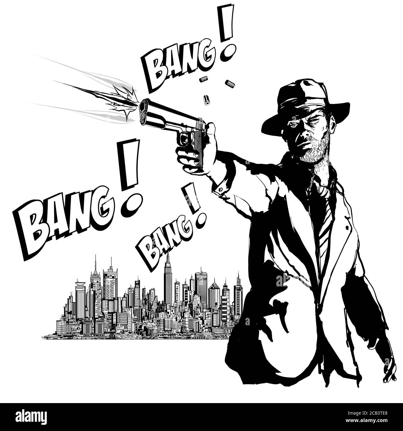 Gangster con una pistola nella città di New York - illustrazione vettoriale (ideale per la stampa su tessuto o carta, poster o carta da parati, decorazione della casa) Illustrazione Vettoriale