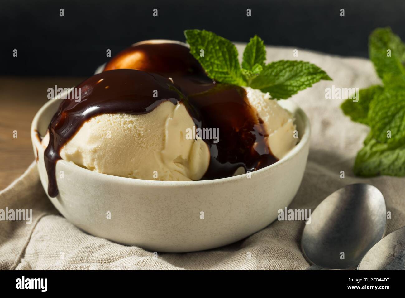 Gelato alla vaniglia surgelato fatto in casa con sciroppo di cioccolato Foto Stock