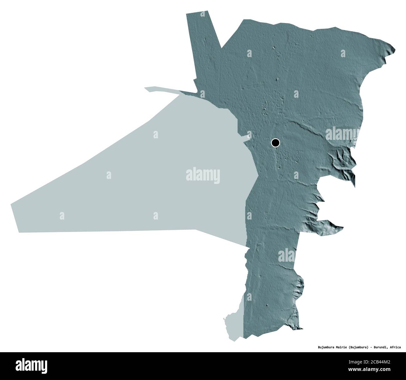 Forma di Bujumbura Mairie, provincia del Burundi, con la sua capitale isolata su sfondo bianco. Mappa di elevazione colorata. Rendering 3D Foto Stock