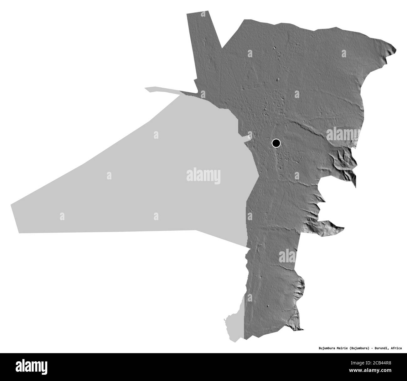Forma di Bujumbura Mairie, provincia del Burundi, con la sua capitale isolata su sfondo bianco. Mappa elevazione bilivello. Rendering 3D Foto Stock