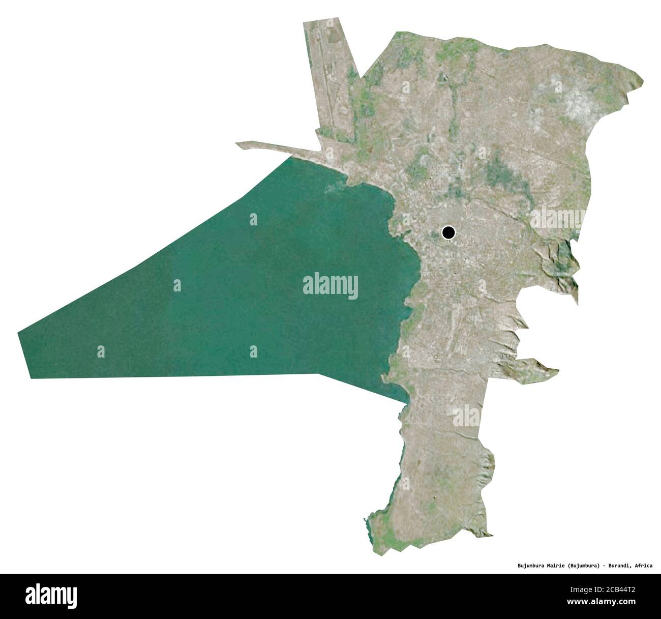 Forma di Bujumbura Mairie, provincia del Burundi, con la sua capitale isolata su sfondo bianco. Immagini satellitari. Rendering 3D Foto Stock