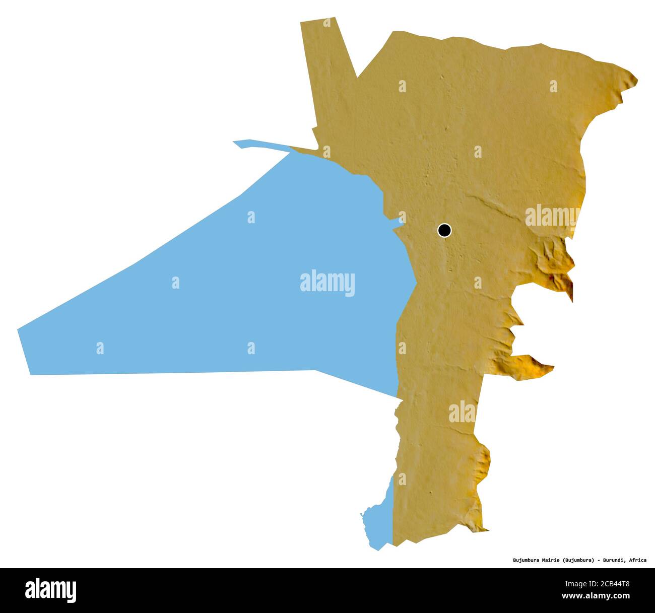 Forma di Bujumbura Mairie, provincia del Burundi, con la sua capitale isolata su sfondo bianco. Mappa di rilievo topografico. Rendering 3D Foto Stock