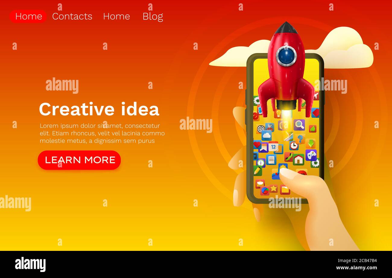 Idea creativa spazio razzo, start-up mobile, web site banner design. Illustrazione vettoriale Illustrazione Vettoriale