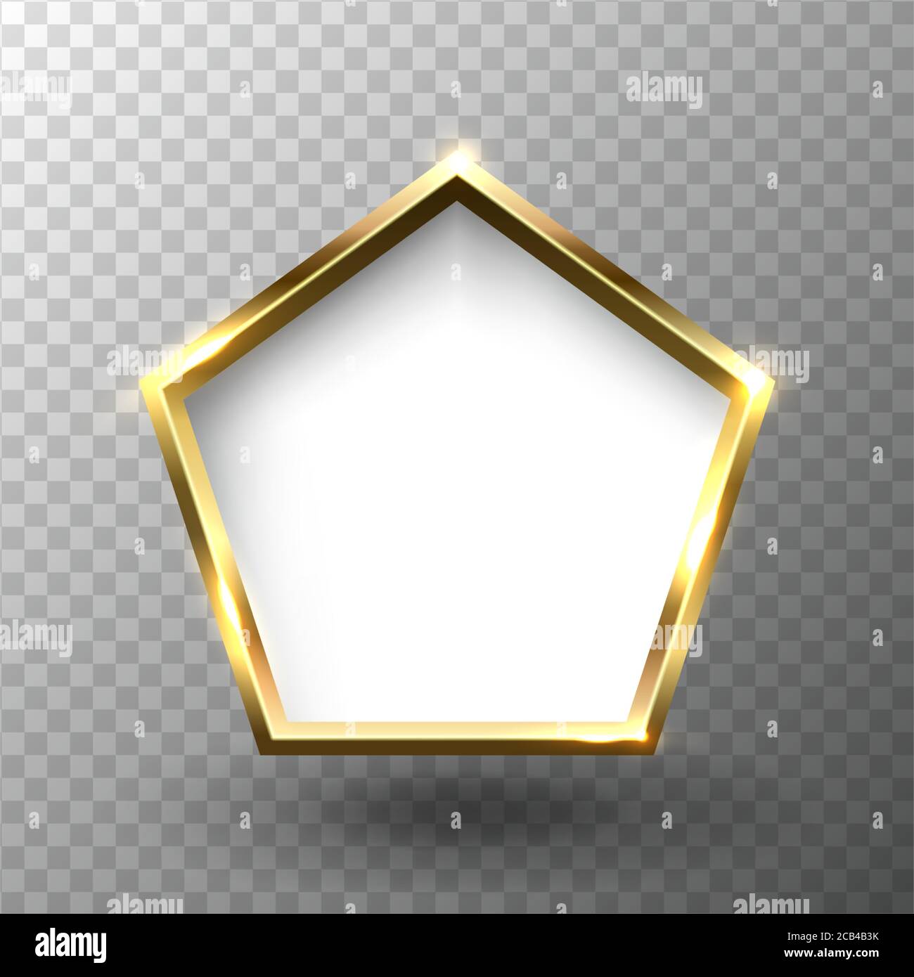 Cornice in pentagono dorato lucido astratto con spazio vuoto bianco per il testo, su sfondo trasparente, illustrazione vettoriale. Illustrazione Vettoriale