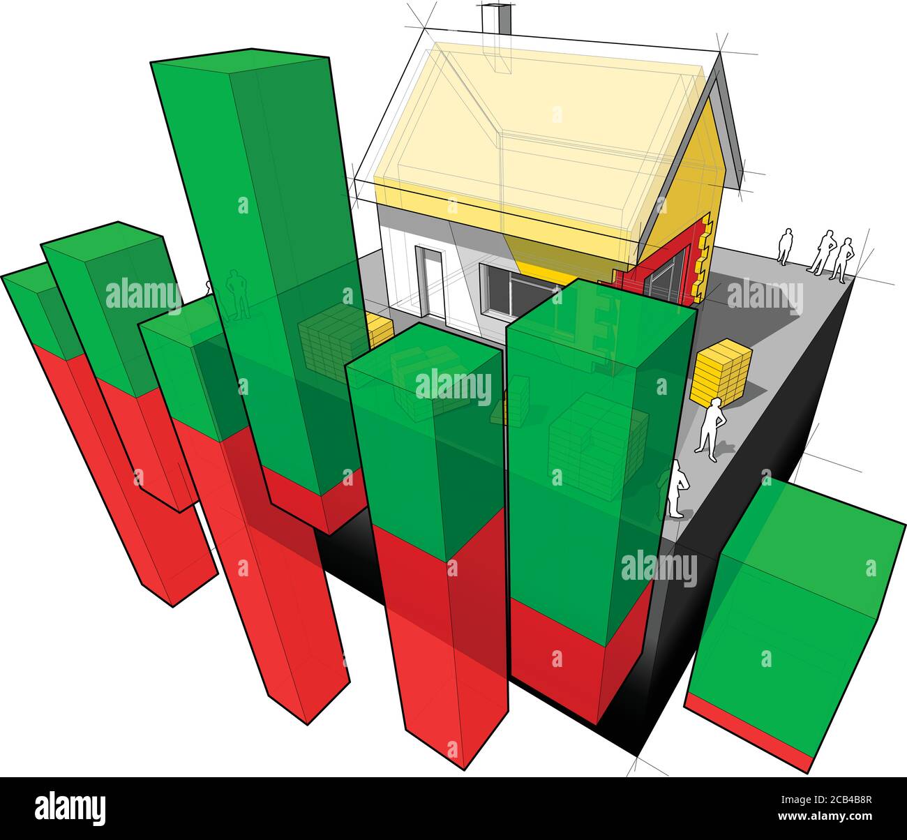 schema di una casa indipendente con parete e tetto aggiuntivi isolamento con diagramma aziendale astratto Illustrazione Vettoriale