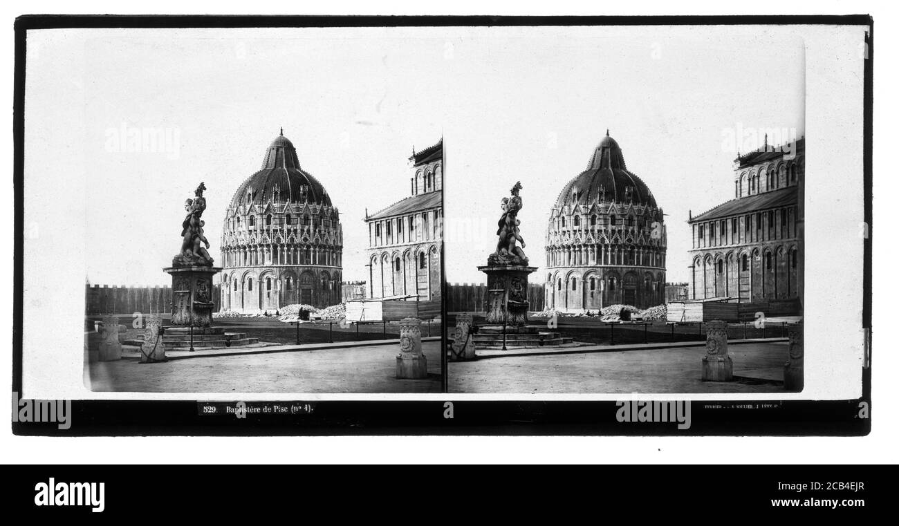 P. F. Ferrier 529 Baptistère de Pise (n. 1). Il Battistero di San Giovanni (in italiano Battistero di San Giovanni) è un edificio ecclesiastico cattolico romano di Pisa. La costruzione iniziò nel 1152 e terminò nel 1363. Fotografia stereo su lastra di vetro intorno al 1870. Foto Stock