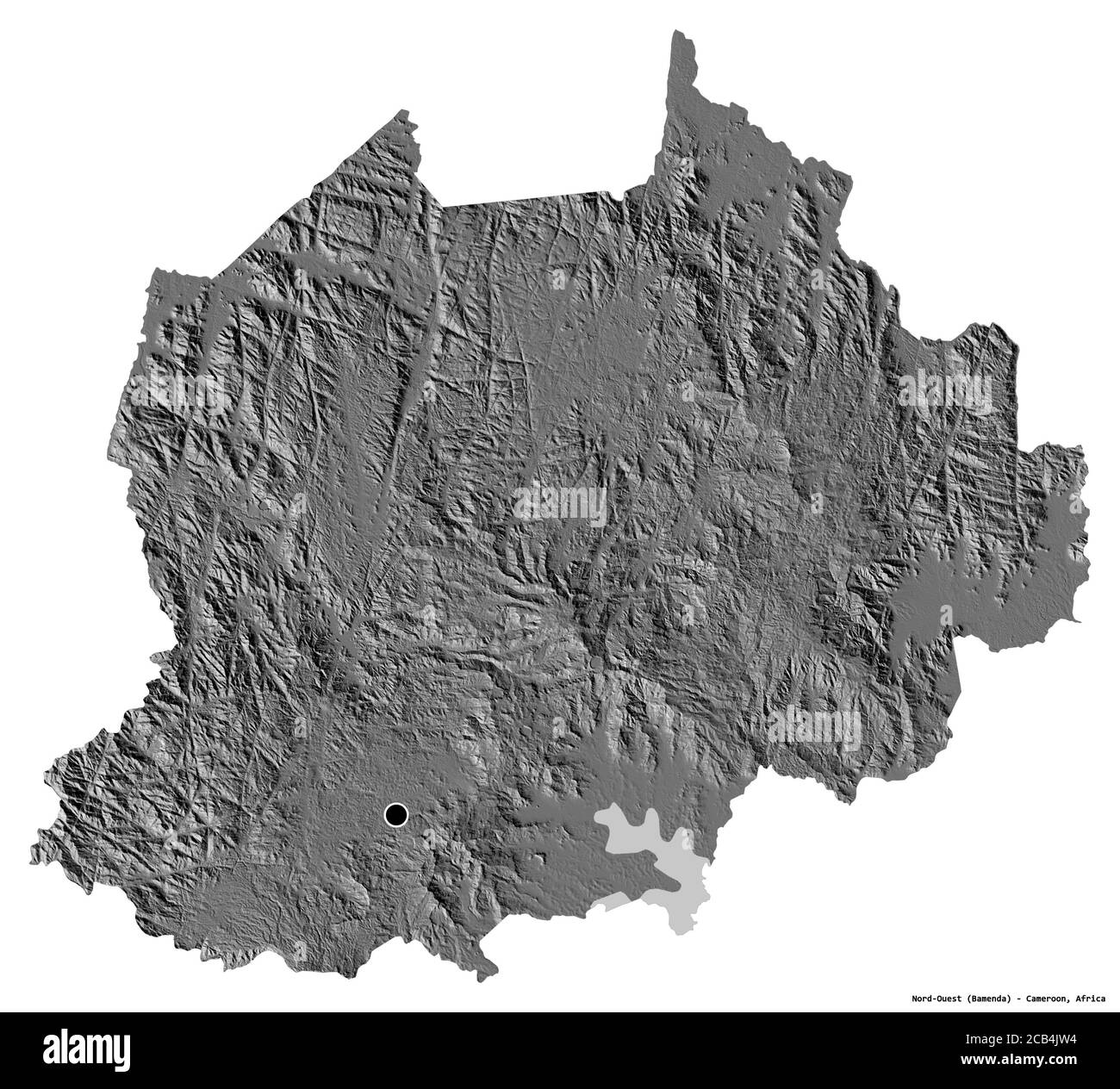 Forma del Nord-Ouest, regione del Camerun, con la sua capitale isolata su sfondo bianco. Mappa elevazione bilivello. Rendering 3D Foto Stock