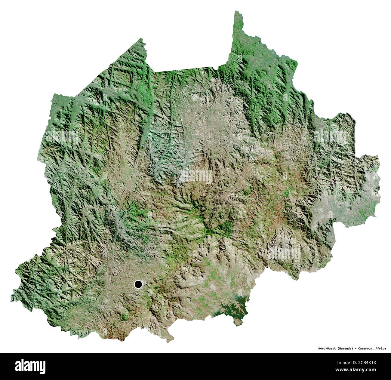 Forma del Nord-Ouest, regione del Camerun, con la sua capitale isolata su sfondo bianco. Immagini satellitari. Rendering 3D Foto Stock