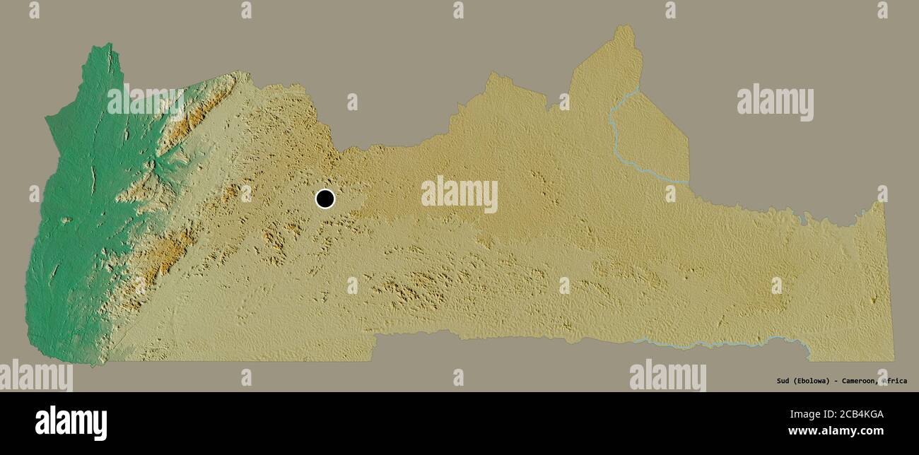 Forma di Sud, regione del Camerun, con la sua capitale isolata su uno sfondo di colore pieno. Mappa di rilievo topografico. Rendering 3D Foto Stock