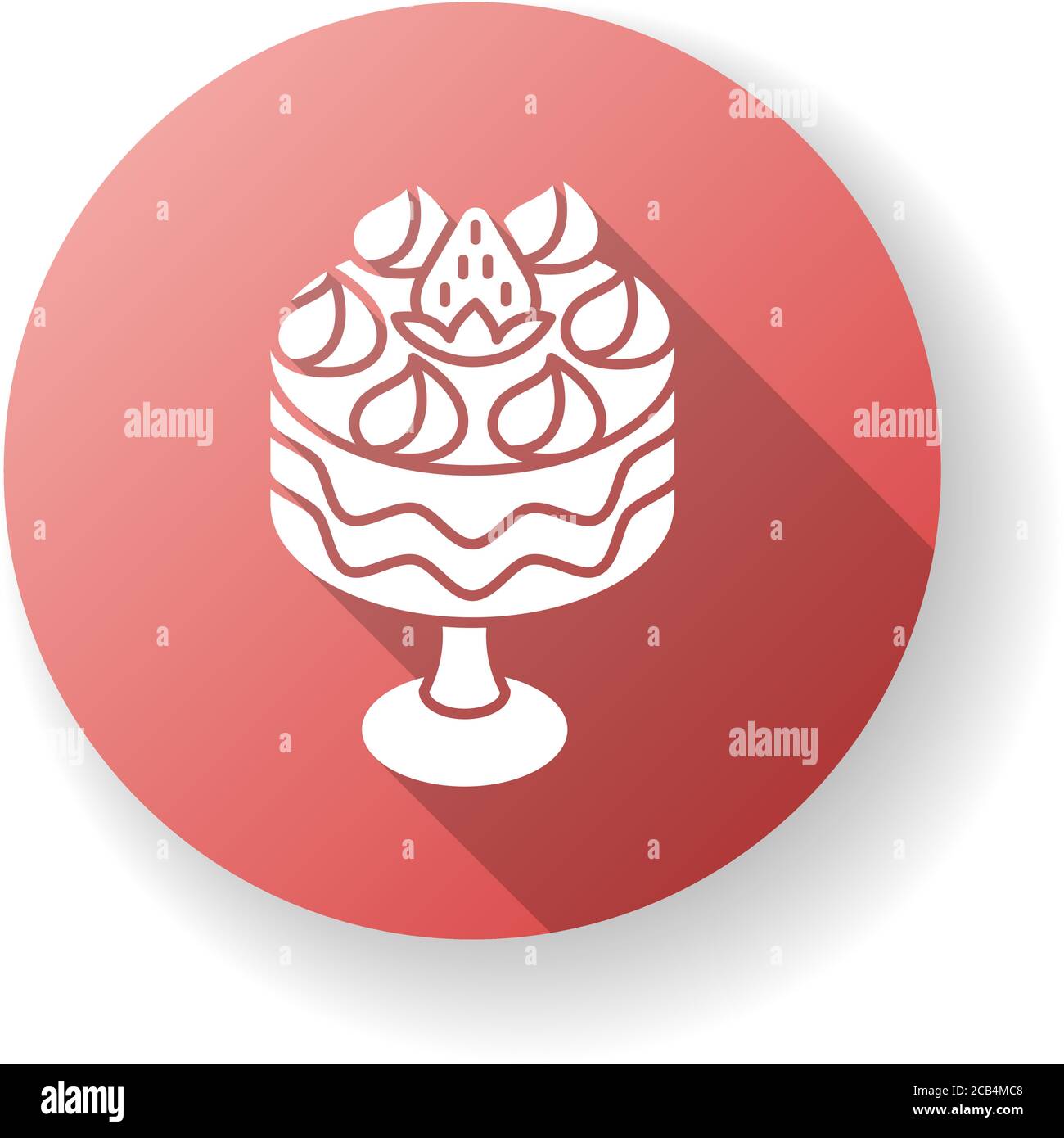 Icona a forma di glifo a forma di trifle piatta con un'ombra lunga. Dessert di frutta con panna montata. Classica cucina britannica. Dessert inglese tradizionale. Dolci europei. Si Illustrazione Vettoriale