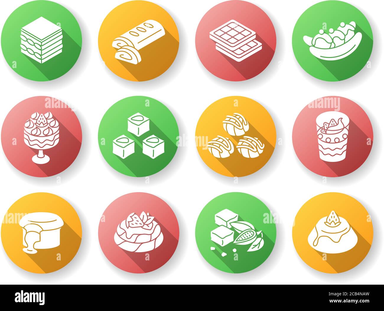 Dessert famosi in tutto il mondo, design piatto, set di icone glifo d'ombra. Dolci tradizionali. Delizia turca. Torta di lava al cioccolato. Brownie. Tiramisù. Europeo Illustrazione Vettoriale
