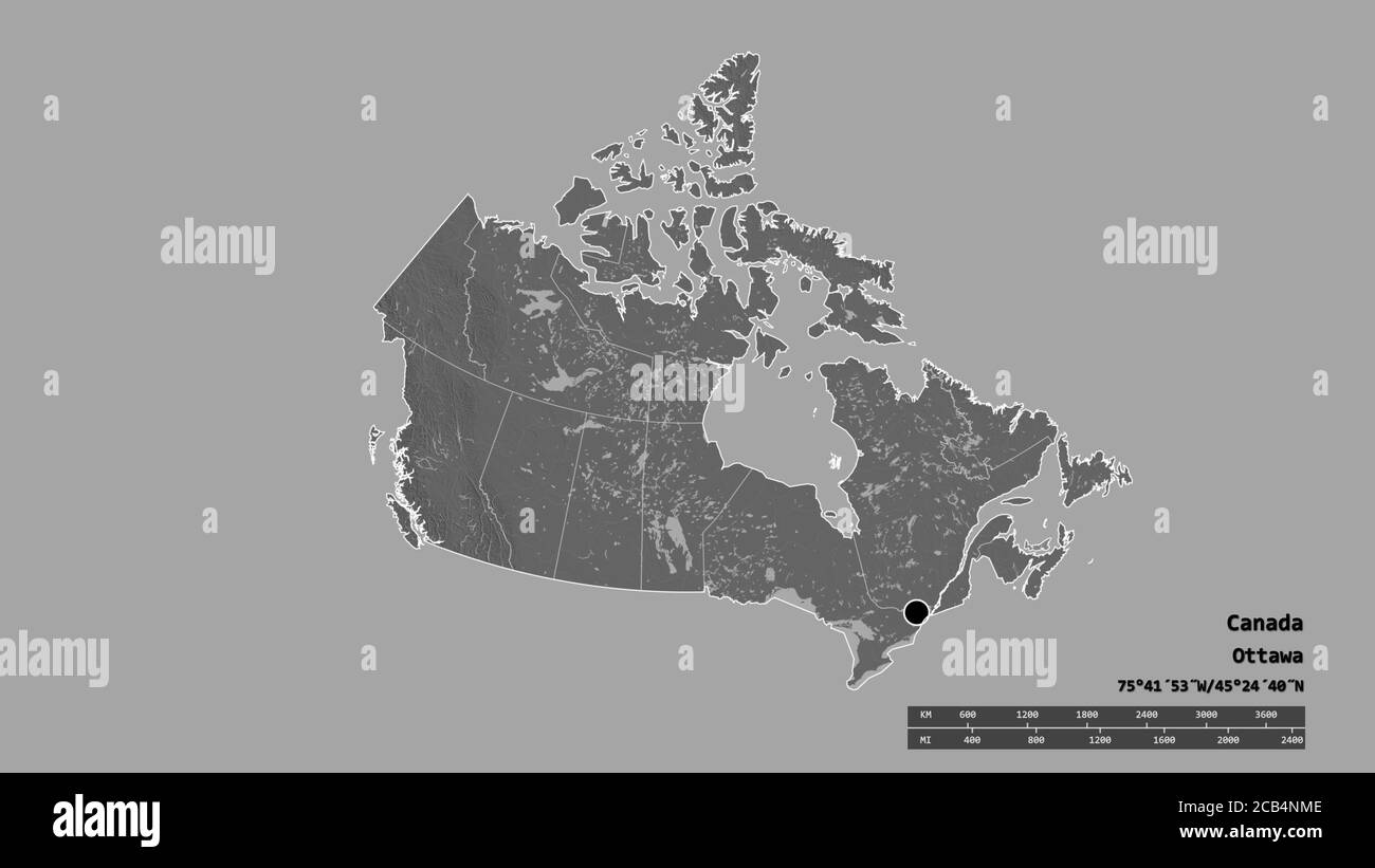 Forma desaturata del Canada con la sua capitale, la principale divisione regionale e l'area separata dell'Isola del Principe Edoardo. Etichette. Mappa elevazione bilivello. Re 3D Foto Stock