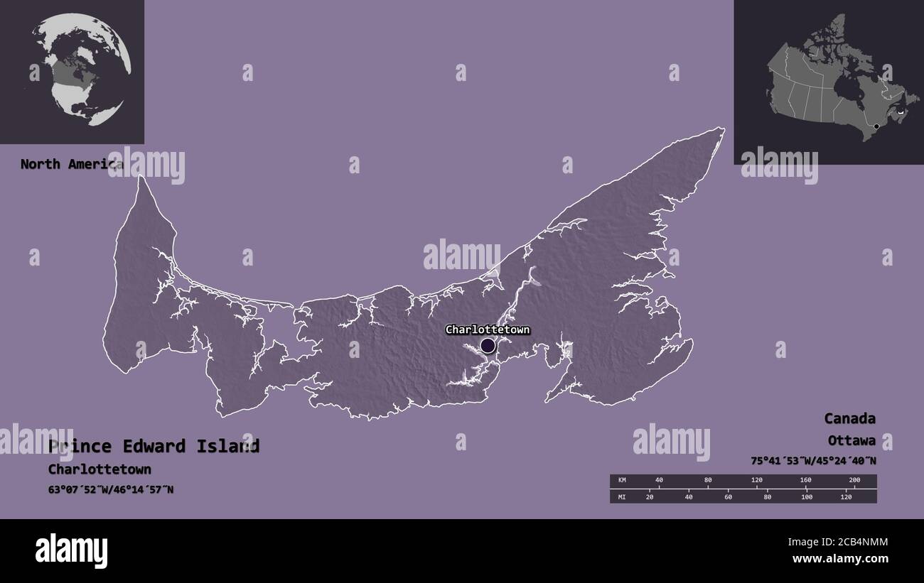 Forma dell'Isola del Principe Edoardo, provincia del Canada, e la sua capitale. Scala della distanza, anteprime ed etichette. Mappa di elevazione colorata. Rendering 3D Foto Stock
