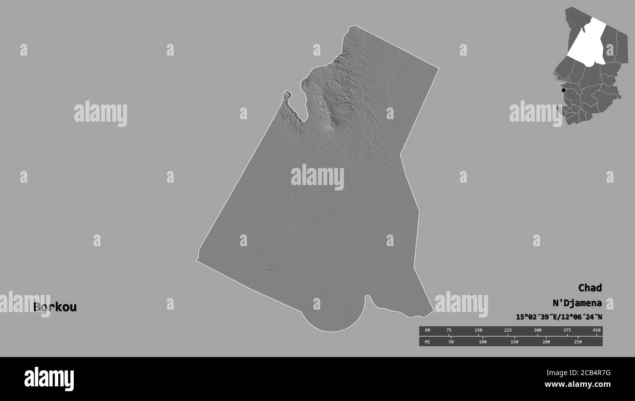 Forma di Borkou, regione del Ciad, con la sua capitale isolata su solido sfondo. Scala della distanza, anteprima della regione ed etichette. Mappa elevazione bilivello. 3D r Foto Stock