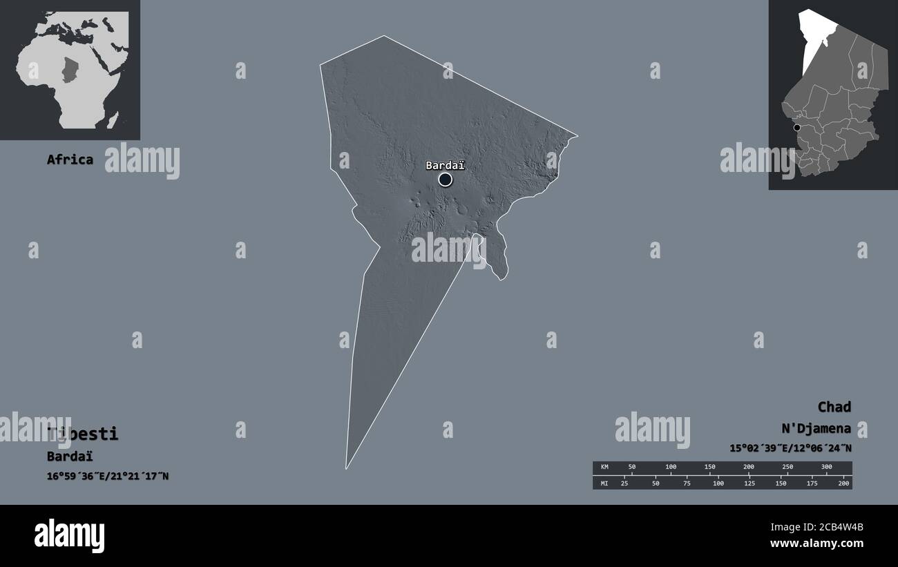 Forma di Tibetti, regione del Ciad, e la sua capitale. Scala della distanza, anteprime ed etichette. Mappa di elevazione colorata. Rendering 3D Foto Stock